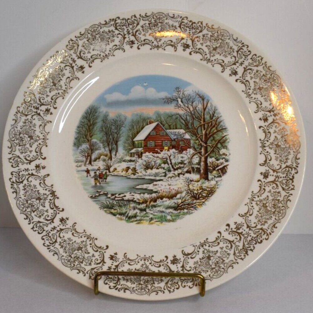 Currier & Ives Homestead in the Winter 22 K Gold Fillagree 10" Collector Plate!